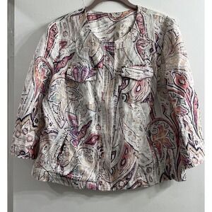 Chicos Womens Jacket 100% Linen Paisley Size L Full Zip Watercolor Pink Boho